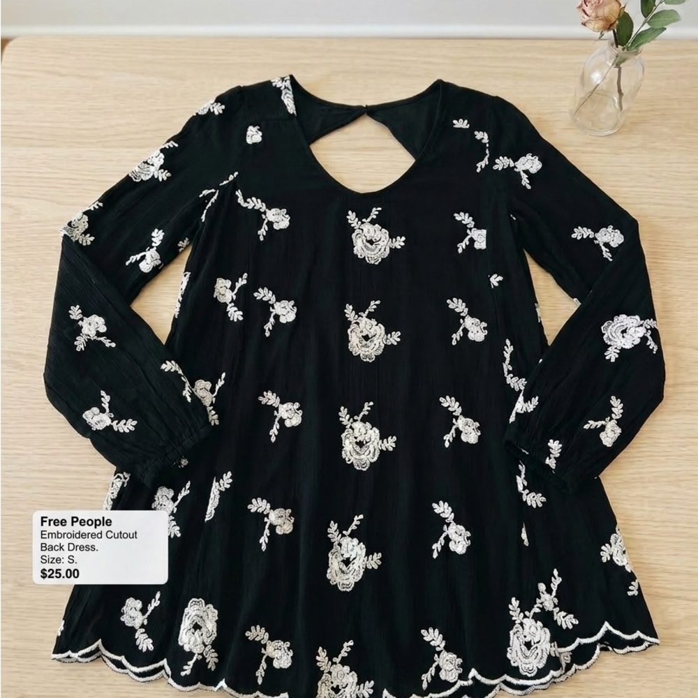 Free People Black Embroidered Long Sleeve Cutout Dress